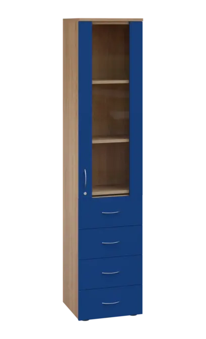 LE - 44 skříň léková prosklená, pravá, korpus dub bardolino, dvířka královská modř